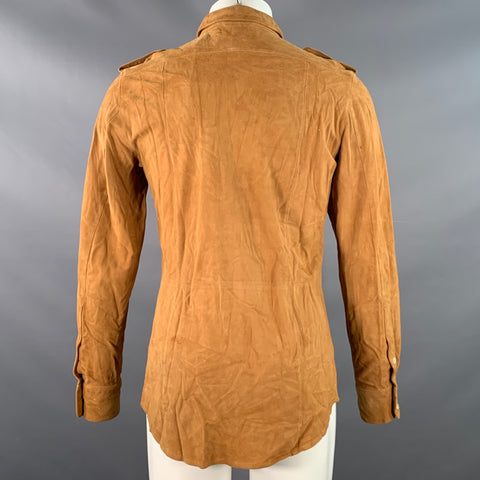 DOLCE & GABBANA Taille XS Chemise à Manches Longues Militaire en Daim Camel Deux Poches Épaulettes