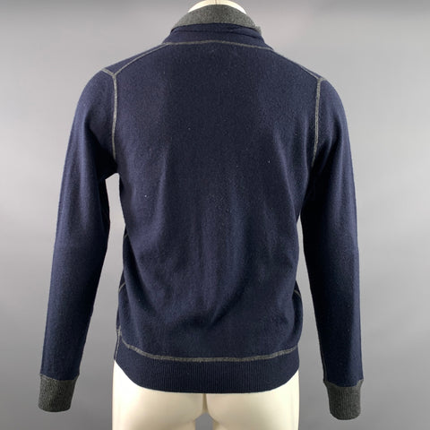 NEIMAN MARCUS Size S Navy Grey Contrast Stitch Cashmere Double Collar Pullover