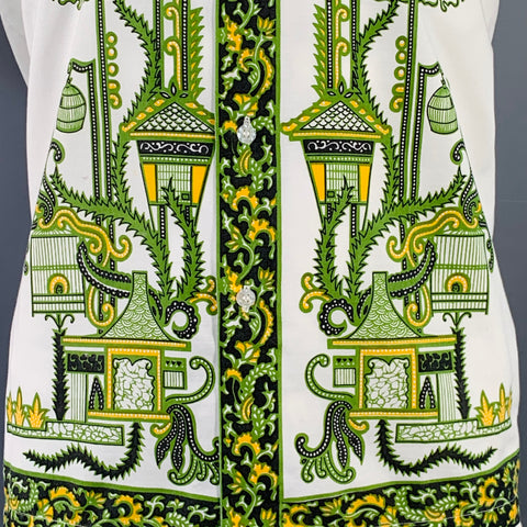LION BRAND Vintage Size XL White Green Print Polyester Cotton Short Sleeve Shirt