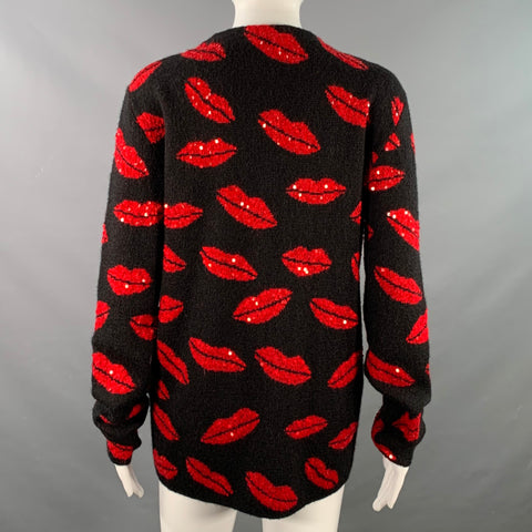 SAINT LAURENT 2016 Size S Black Red Lipstick Kisses Mohair Blend Sequined Cardigan