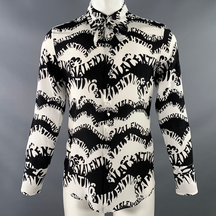 VALENTINO SS 1970 Archive Size S Black White Wave Print Silk Button Up Long Sleeve Shirt