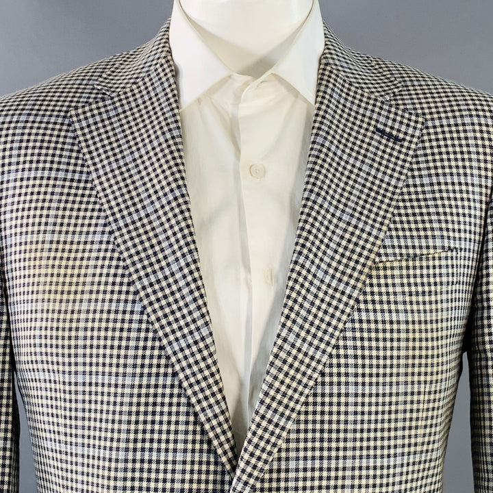 CANALI Size 44 White Black Checkered Wool Silk Linen Sport Coat
