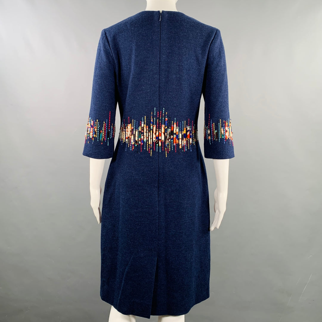 CAROLINA HERRERA Size 6 Blue Multi Color Wool Beaded Back Zip Dress
