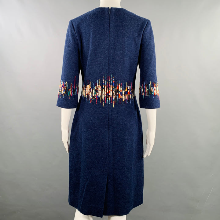 CAROLINA HERRERA Size 6 Blue Multi Color Wool Beaded Back Zip Dress