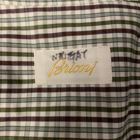 BRIONI Size L Green Brown Plaid Cotton Pointed Collar Long Sleeve Shirt