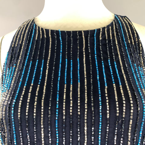 BADGLEY MISCHKA Size 10 Navy Blue Nylon Stripe Shift Knee-Length Cocktail Dress