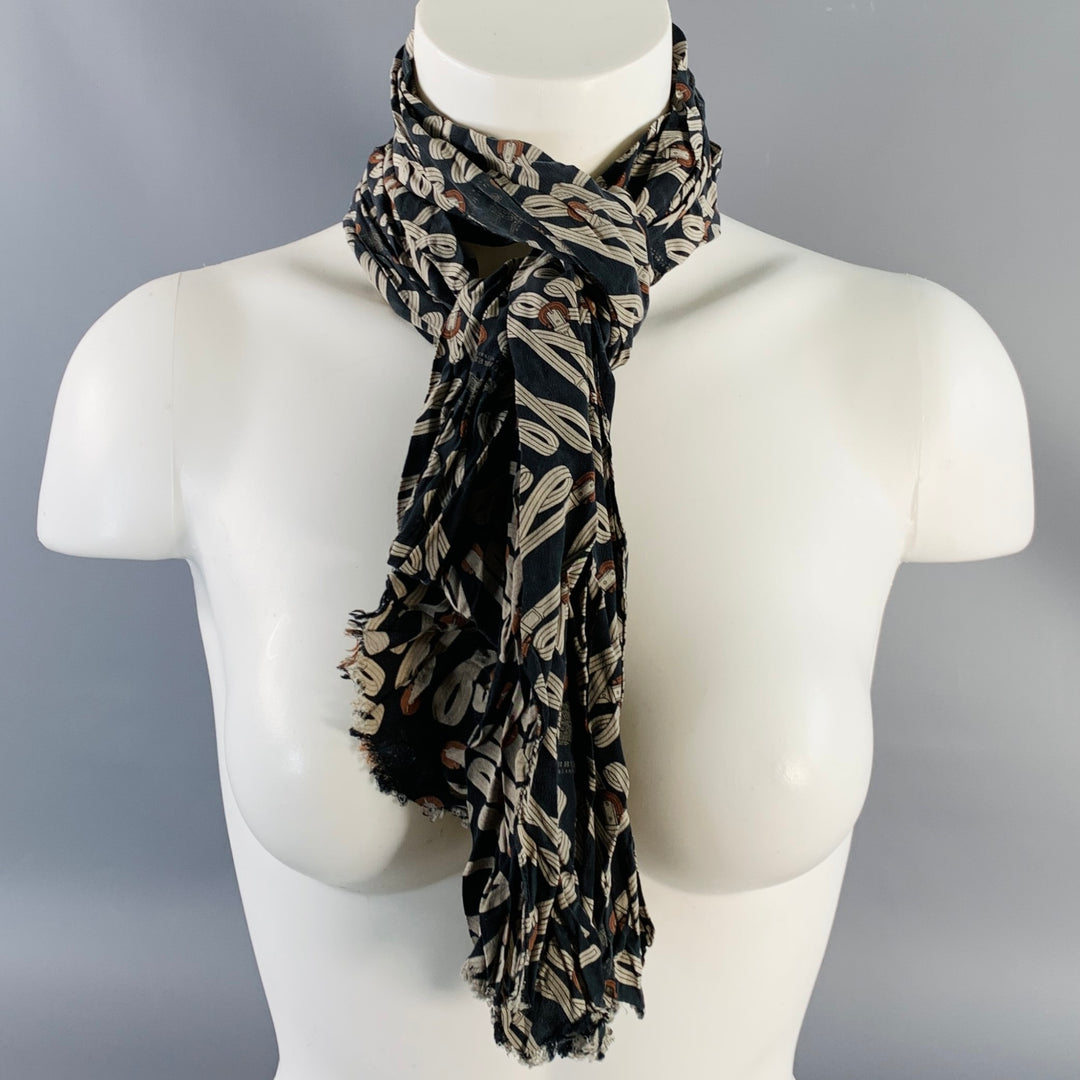 BURBERRY LONDON Navy Grey Knots Silk Raw Edge Fringe Scarf