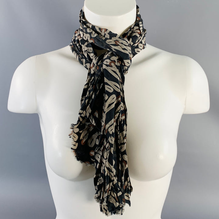BURBERRY LONDON Navy Grey Knots Silk Raw Edge Fringe Scarf