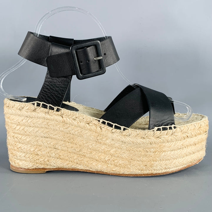 CELINE Size 7 Black Natural Leather Espadrille Sandals