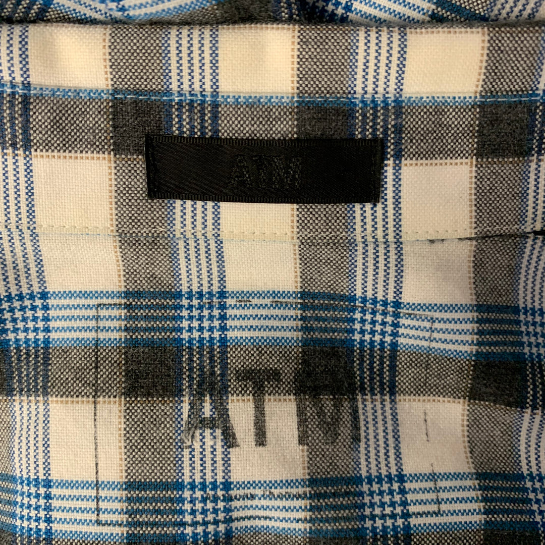 ATM Size L Gray Blue Plaid Cotton Elbow Patches Long Sleeve Shirt