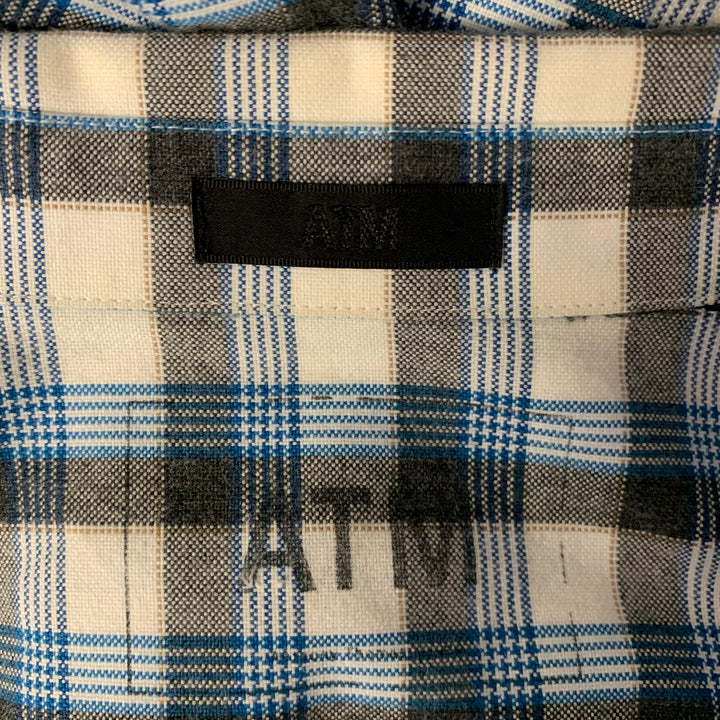 ATM Size L Gray Blue Plaid Cotton Elbow Patches Long Sleeve Shirt