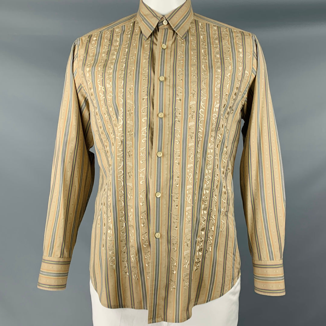 ROBERT GRAHAM Taille L Chemise à manches longues boutonnée en coton brodé kaki