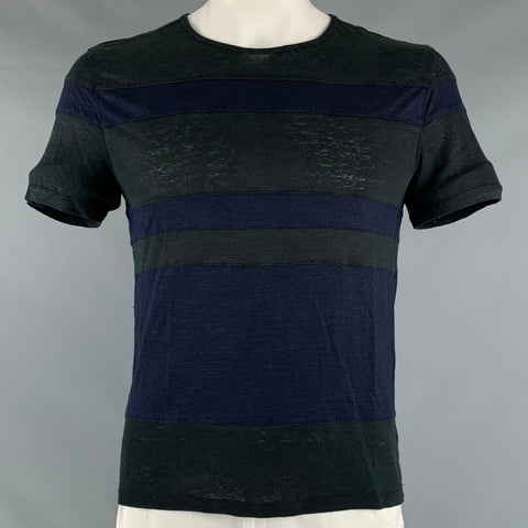 JOHN VARVATOS Taille L T-shirt à manches courtes en lin à rayures marine noires