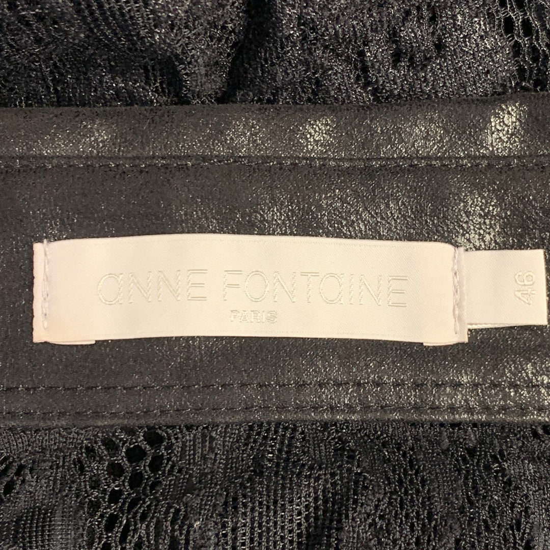 ANNE FONTAINE Size XL Carine Black Polyamide Blend Lace Faux Leather Contrast Trim Blouse