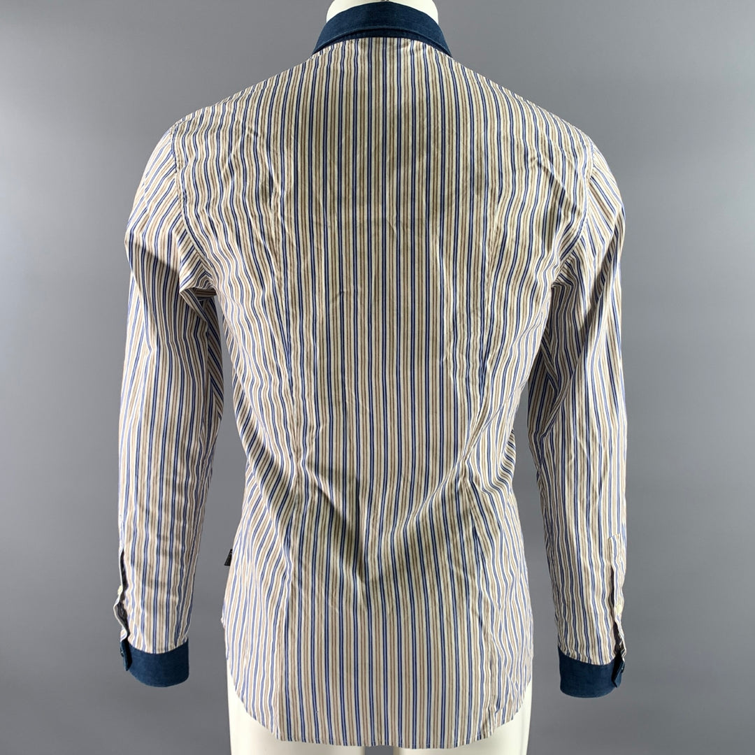 JUST CAVALLI Size M White Blue Brown Stripe Cotton Long Sleeve Shirt