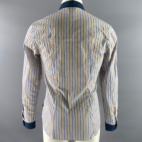 JUST CAVALLI Size M White Blue Brown Stripe Cotton Long Sleeve Shirt