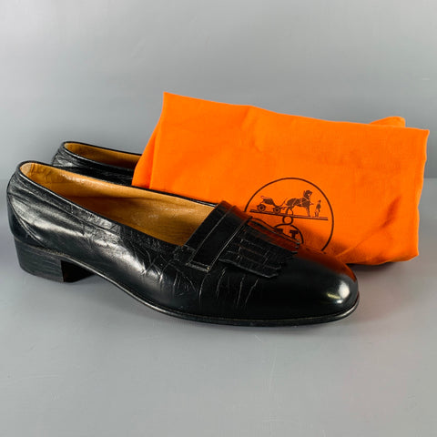 HERMES Size 7.5 D  Black Leather Eyelash Loafers