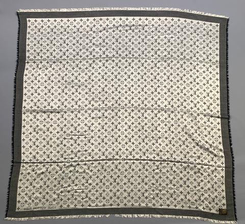 LOUIS VUITTON Silver Black Logo Silk Wool Scarf
