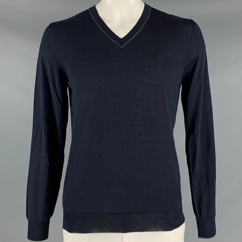 SALVATORE FERRAGAMO Size XL Navy Knit Wool Silk V-Neck Pullover