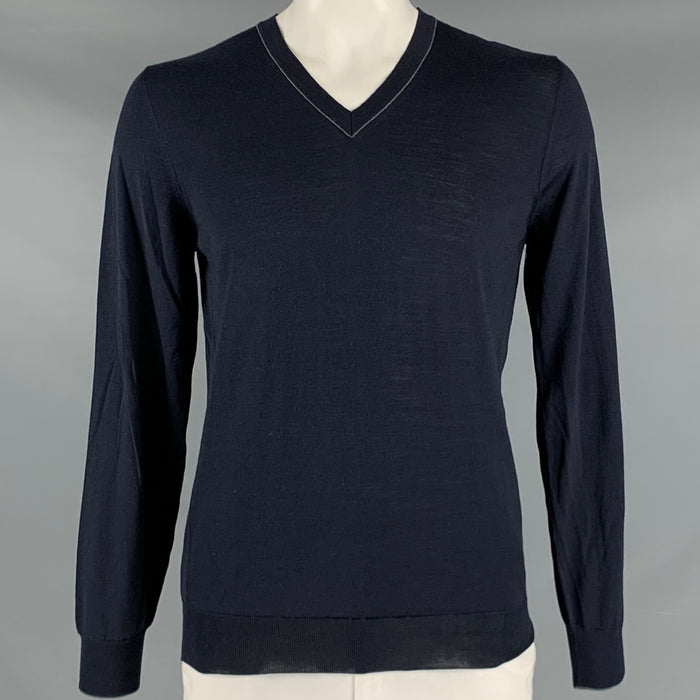 SALVATORE FERRAGAMO Size XL Navy Knit Wool Silk V-Neck Pullover