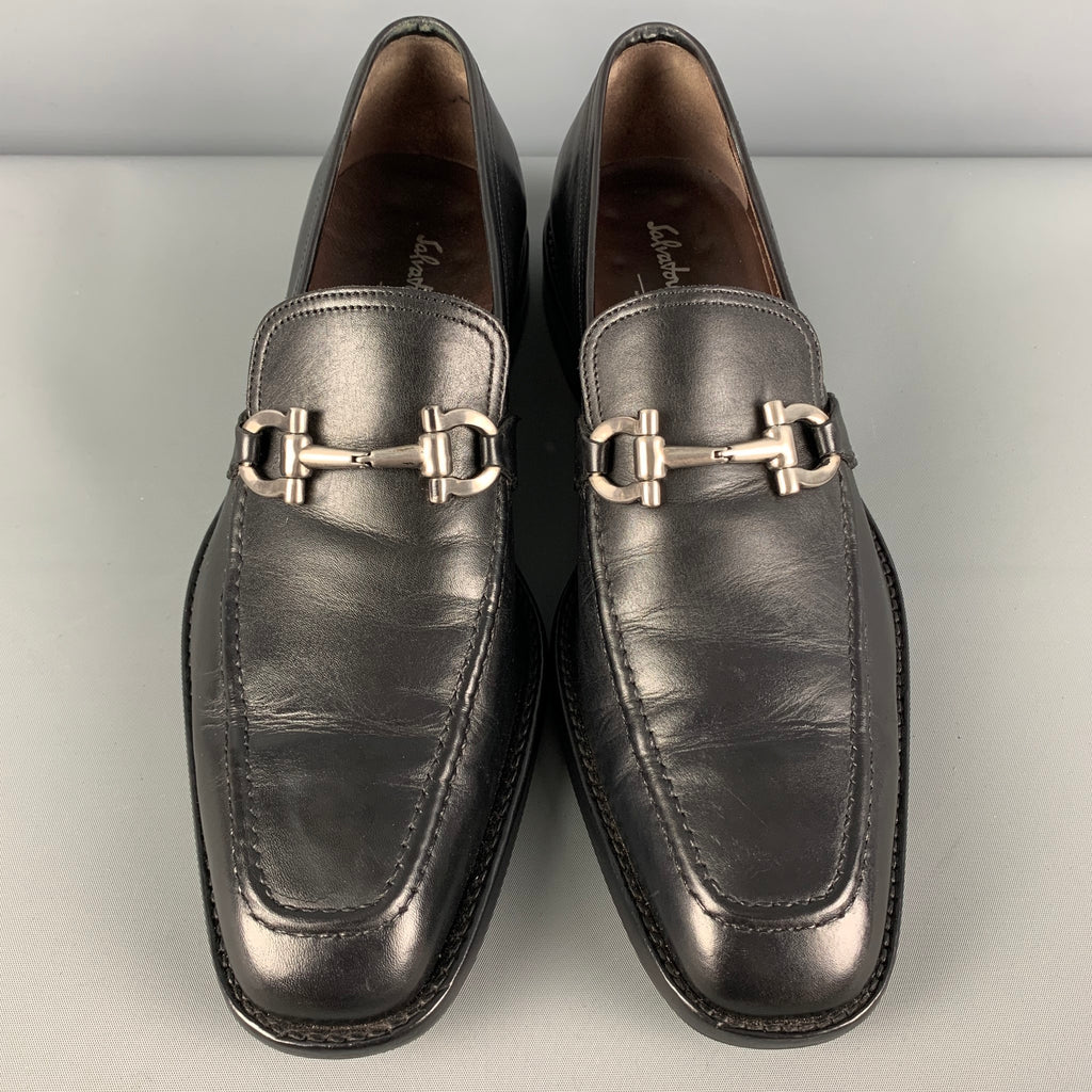 SALVATORE FERRAGAMO Size 7.5 Black Silver Leather Horsebit  display picture 1