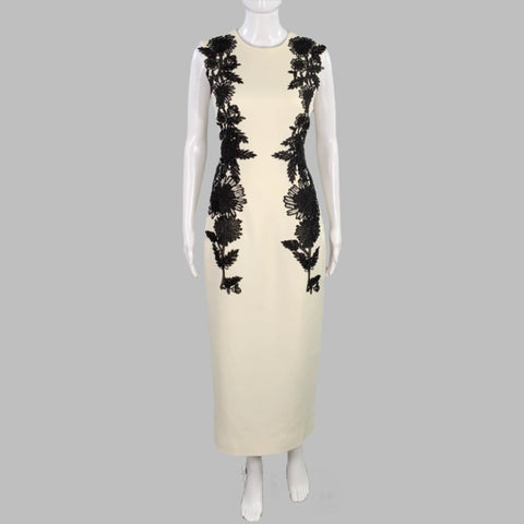 LELA ROSE Size 4 Jewel Cream Black Wool Blend Applique Sheath Dress