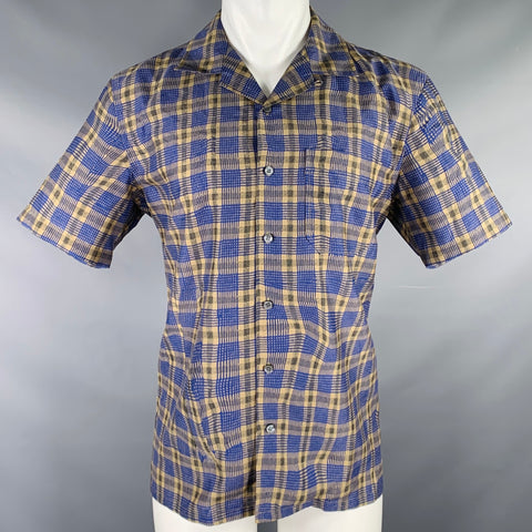 THEORY Size M Green Blue Checkered Silk Blend Short Sleeve Shirt