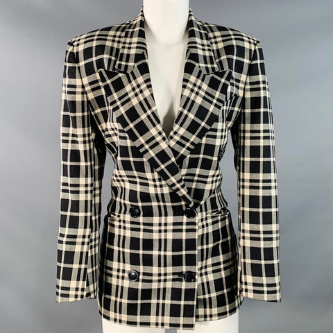 GIANFRANCO FERRE Vintage Size M Black White Wool Silk Plaid Double Breasted Jacket Blazer
