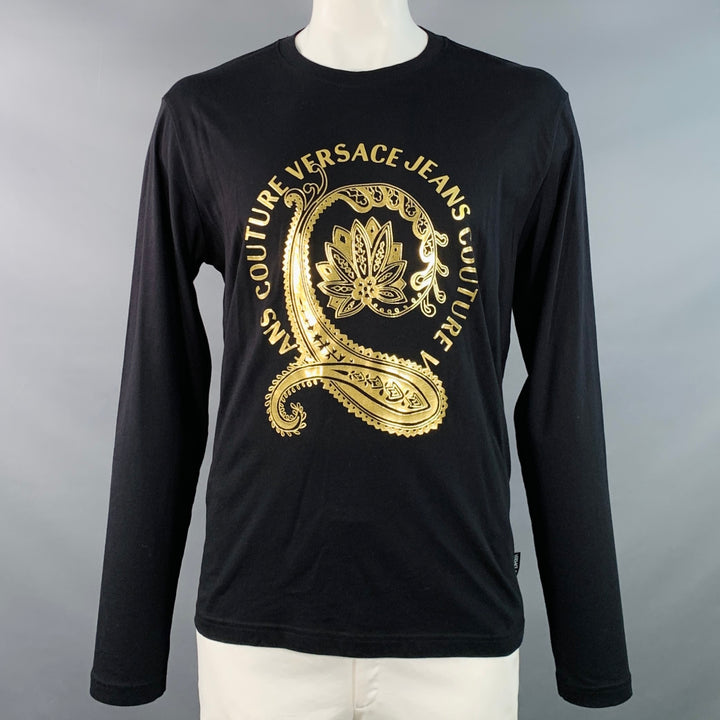VERSACE JEANS COUTURE Size XXL Black Gold Cotton Jersey Logo Print Pullover