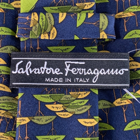SALVATORE FERRAGAMO Navy Green Abstract Tree Silk Tie