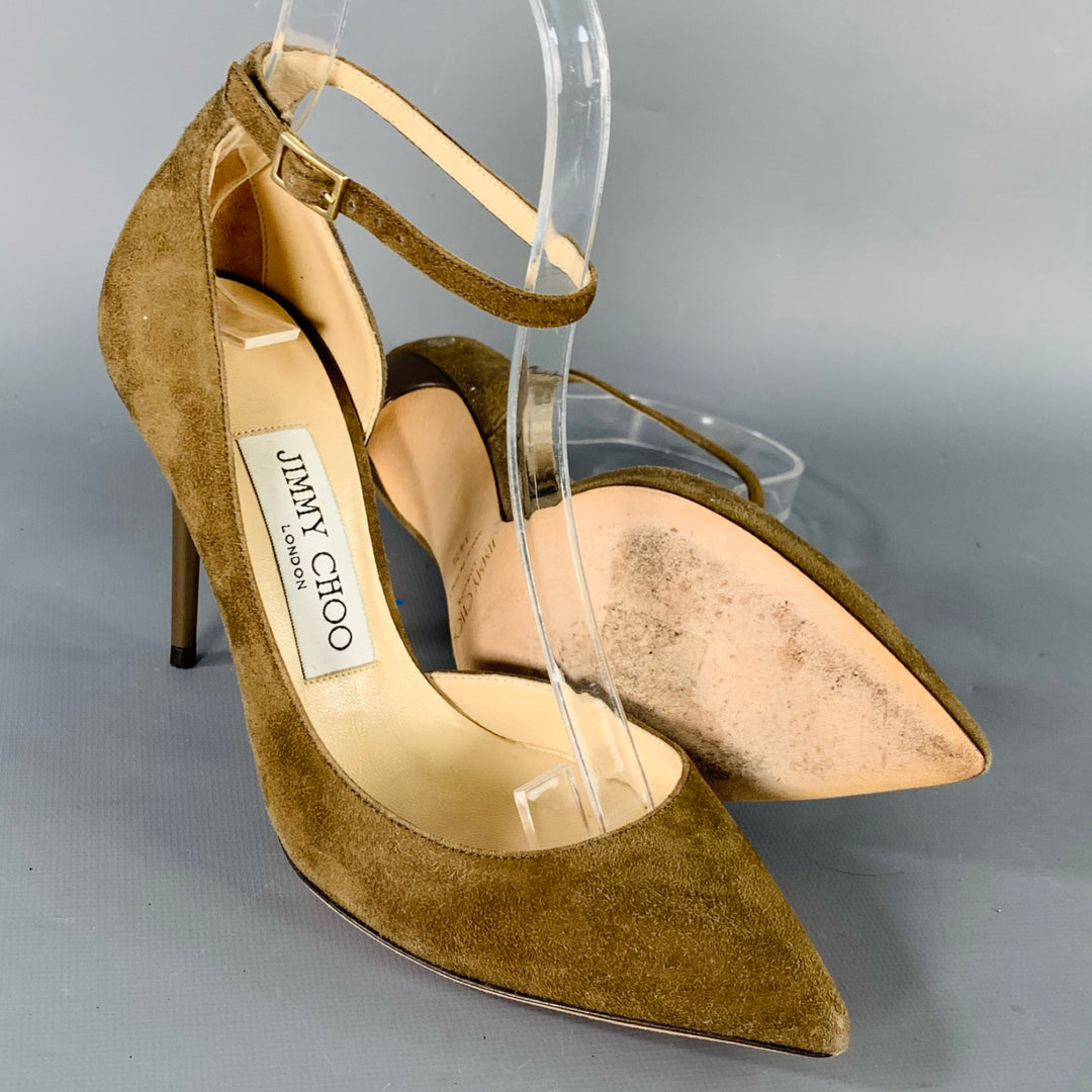 JIMMY CHOO Size 4.5 Brown Taupe Suede Ankle Strap D'Orsay Pumps