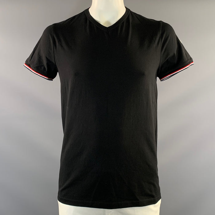 MONCLER Size L Black Cotton Blend V Neck T Shirt