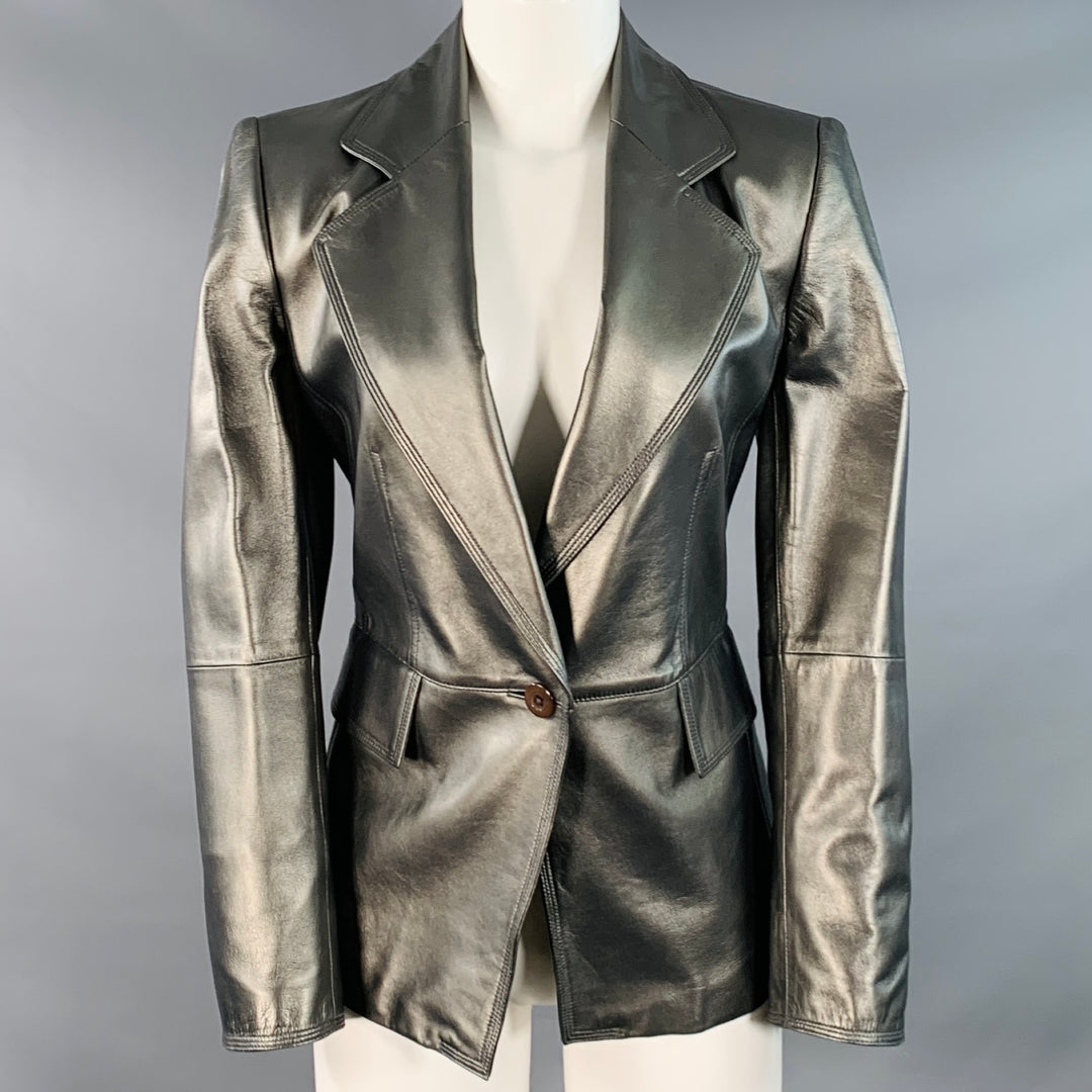 ELLEN TRACY Size 4 Metallic Silvre Leather Notch Lapel Jacket Blazer