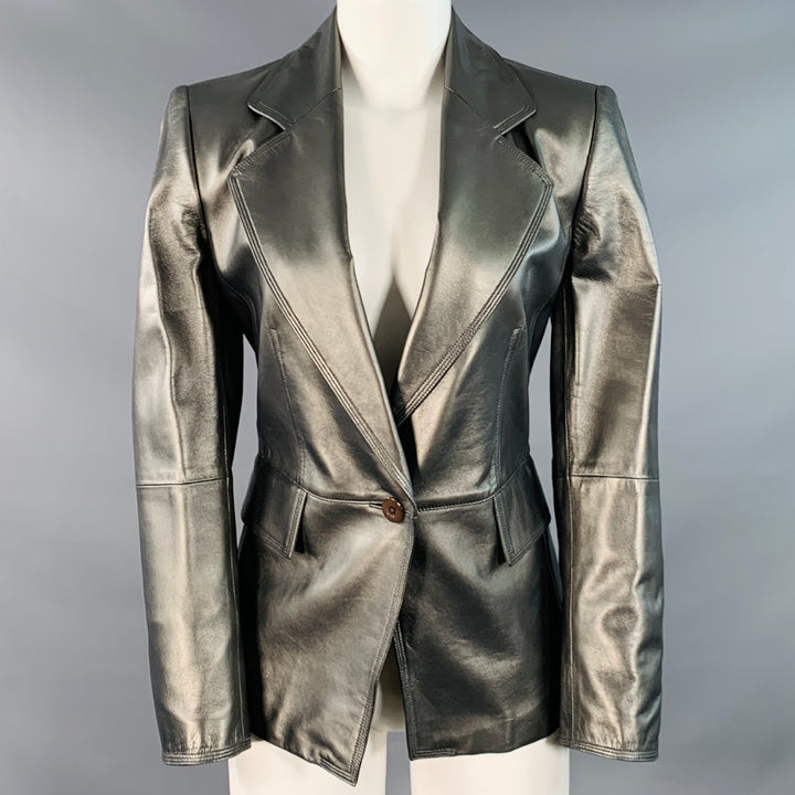 ELLEN TRACY Size 4 Metallic Silvre Leather Notch Lapel Jacket Blazer