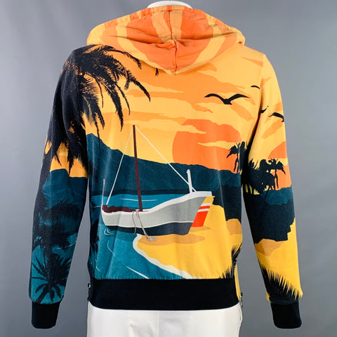 BALMAIN Size L Black Orange Blue Tropical Cotton Hooded Zip Up Sweatshirt