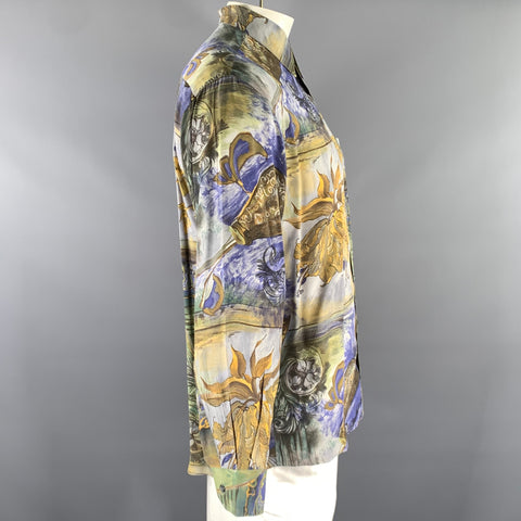 JEAN CHATEL Size L Blue Brown Multi-Color Painted Floral Long Sleeve Shirt