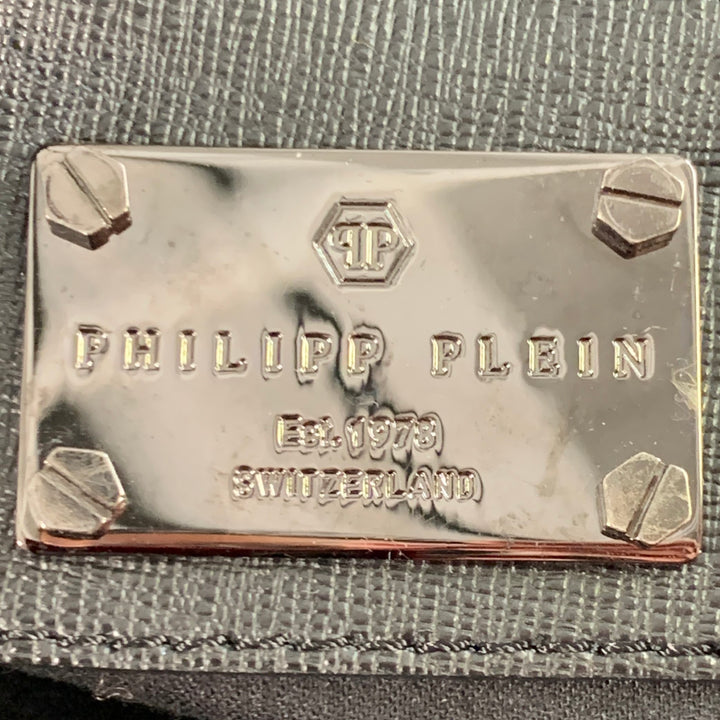 PHILIPP PLEIN Grey Black Camouflage Saffiano Leather Canvas Duffle Bag
