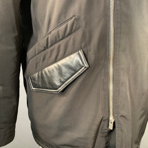 THE KOOPLES Size XL Black Polyester Leather Trim Hooded Coat