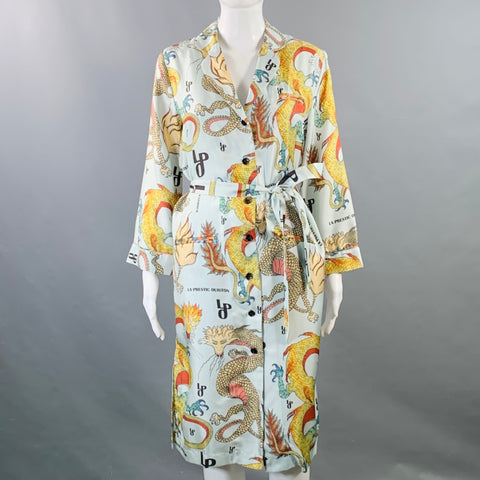 LA PRESTIC OUISTON Size S Blue Multi Color Silk Dragons Belted Shirt Dress
