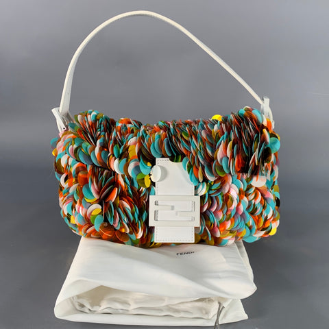 FENDI Rare Multi Color White Sequined Paillettes Leather Baguette Handbag
