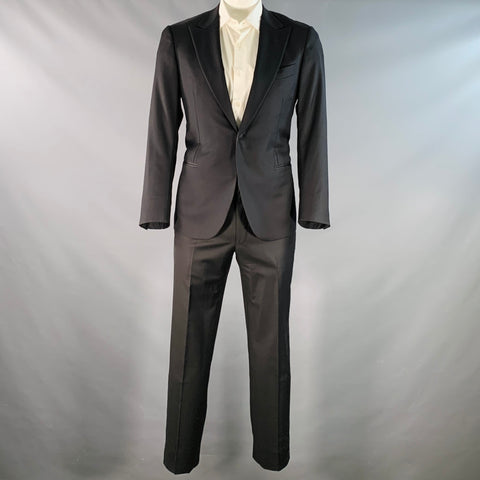 ISAIA Size 42 Regular Black Wool Satin Peak Lapel Tuxedo