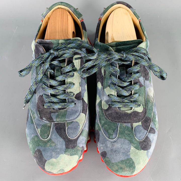 CHRISTIAN LOUBOUTIN Size 12 Green Blue Camouflage Suede Red Sole Sneakers