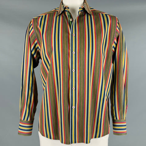 ROBERT GRAHAM Size L Green Multi-Color Stripe Cotton Button Up Long Sleeve Shirt