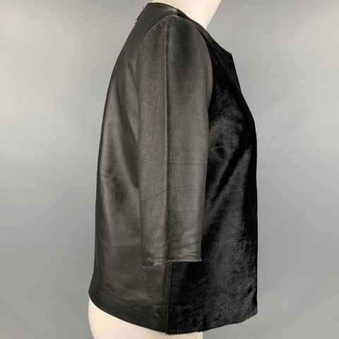 IRIS and INK Talla 6 Top casual de cuero negro con pelo de becerro y mangas 3/4