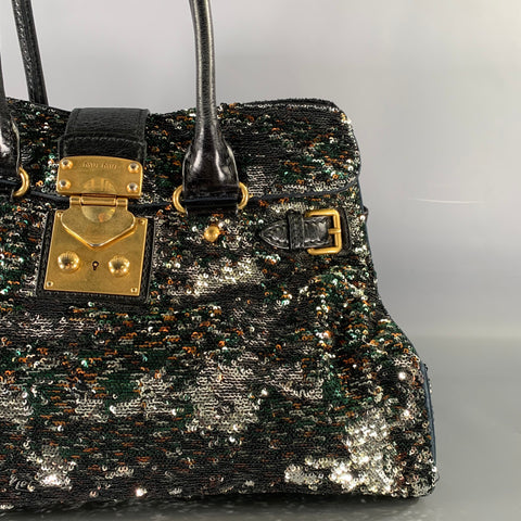 MIU MIU Black Metallic Sequined Leather Top Handles Handbag