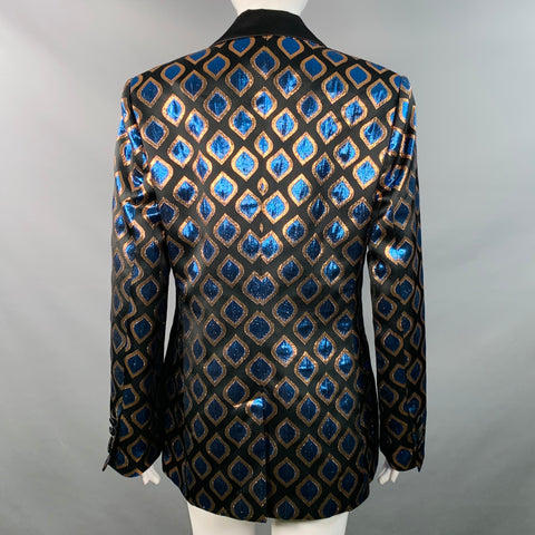 ETRO Size 8 Black Blue Metallic Geometric Peak Lapel Jacket Blazer
