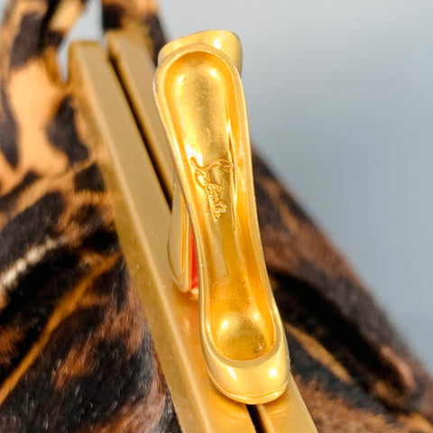 CHRISTIAN LOUBOUTIN Loubis Angel Brown Black Gold Animal Print Clutch Handbag