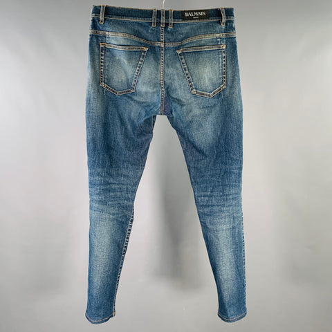 BALMAIN Size 32 Blue Contrast Stitch Cotton Blend Skinny Button Fly Jeans