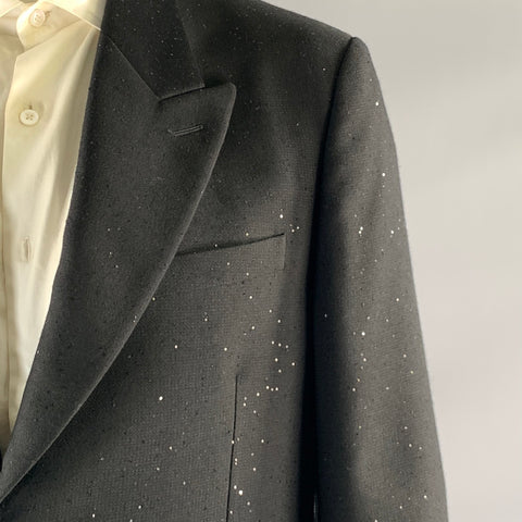 FENDI Chest Size 44 Black Sequined Wool  Polyester Peak Lapel 36 29 Suit