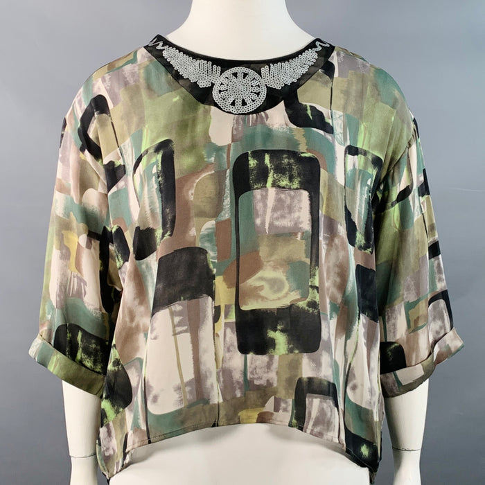 EMILIO PUCCI Size L Green Black Silk Graphic Sequined Cuffed Blouse